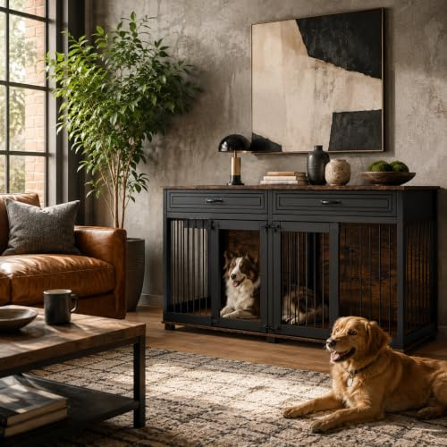 Jaula para Perro XXL 164cm para 2 Perros – Mueble Jaula 4 Puertas, 2 Cajones & Separador Extraíble, 80cm de Alto – Jaula Estilo Aparador para Salón, 164×80×60cm, Negro-Marrón