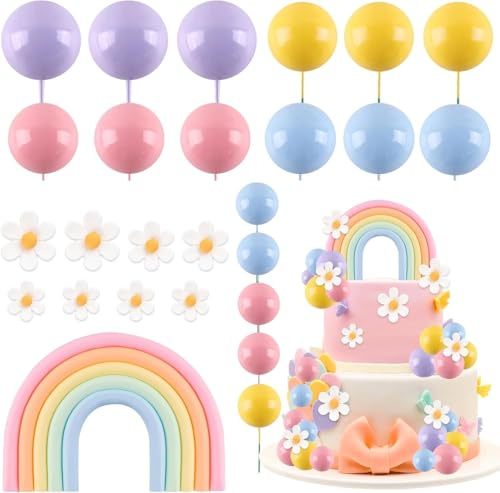 CHarmeFleur Regenbogen Kuchen Topper 26 Pezzi Palline di maccherone Decorazione per Torte con Fiori Motivo Hippie Decorazione per Torte Margherite Palline Colorate Decora