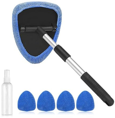 Car Windscreen Cleaner Tool,Auto Windshield Cleaning Tools with Telescopic & Rotating Handle,with 4pcs Reusable Washable Microfiber Pads,1pc Spray Bottle,Auto Interior Exterior Glass Wiper Kit