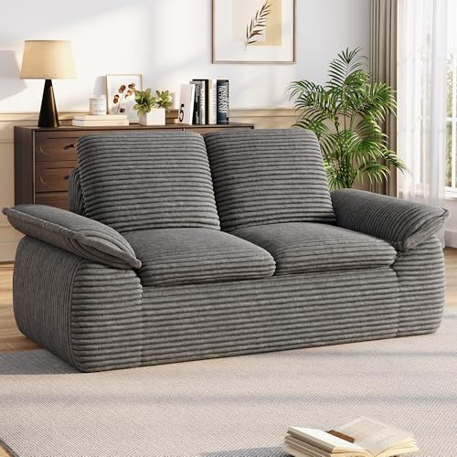 71 Cloud Boneless Couch, Loveseat Sofa with Deep Seat Memory Foam, Small 2 Seater Corduroy Couch in A Box, No Assembly Compressed Sofa for Living Room, Bedroom, Apartment, Dark Grey