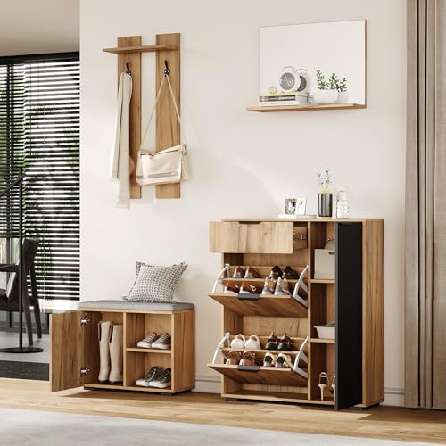 Rosebibi Set di appendiabiti da parete, con scarpiera e scarpiera, 1 specchio, 1 cassetto, 2 ganci, 4 ante, colore naturale e nero, larghezza 140 x profondità 35 x altezza 139 cm (naturale-2)