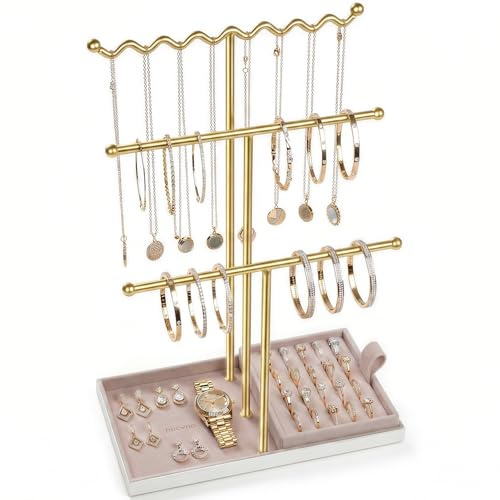necvha Jewellery Stand Holder Organiser, 3 Tier Bracelet Holder Display with Detachable Velvet Tray, Elegant Jewellery Tower for Display Bracelet, Necklace, Earrings, Rings (Pink)