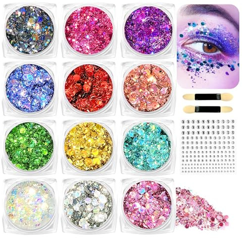 Soodyoow 12 Couleurs Visage Scintillant Paillettes Visage Gel Pailleté Visage avec Autocollants Strass, Paillettes Maquillage Festif pour Carnaval Soirée, Decoration Paupière et Corps