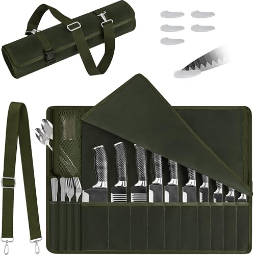 OUUTMEE 14-spår kockkniv rullväska, vaxad kanvas knivväska, Armégrönt, Väskorganiserare | Knivfodral förvaringsväska för camping, vandring | kulinariskt verktyg rullväska | gåvor för män pappa far