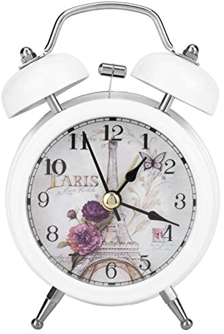 Sveglia Meccanica Silenziosa Retro Design Parigi, Comodino al Quarzo Viaggio a Batterie, Doppia Campana Numeri Romani Non Tac Pollici, Luce Notturna, Armadio Ufficio