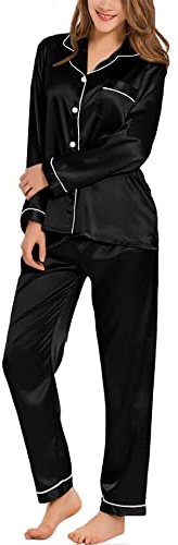 SWOMOG Womens Silk Satin Pajamas Long Sleeve Loungewear Two-piece Sleepwear Button-Down Pj Set Black