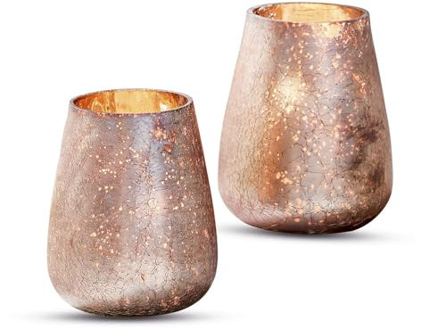 Loberon Windlicht 2er Set Chanut, Zwei Größen, Romantisches Design, zarte Töne, edle Bauernsilber-Optik, für Teelichter oder Stumpenkerzen, Wohn-Accessoire, Glas, rosa/Gold