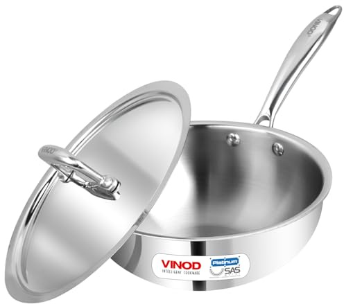 Vinod Platinum Triply Stainless Steel Deep Frypan with Stainless Steel Lid - 22 cm Diameter, with Riveted Sturdy Handle (Induction and Gas Stove Friendly) (22 cm Diameter Pan)