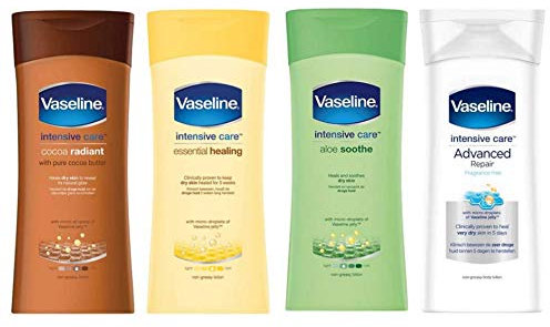 Vaseline Intensivpflegeset – 4 x 200 ml nicht fettende Körperlotion-Bündel Kakao strahlend, essentielle Heilung, Aloe Beruhigung und fortschrittliche Reparatur. Heilt trockene Haut von der weltweit