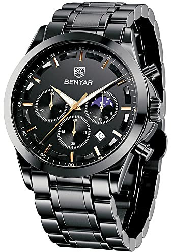 BY BENYAR Montre Homme Chronographe 30M Etanche Lumineuse Classique Mode Montres Bracelet en Acier Inoxydable Grand Cadran Date Analogique Quartz Montre Cadeau élégant pour Hommes