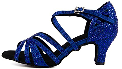 Syrads Zapatos de Baile Latino de salón para Mujer con Diamantes de imitación Salsa Tango Bachata Zapatos de Baile de Interior para Fiesta de Boda graduación,Azul 6cm Heel,38 EU