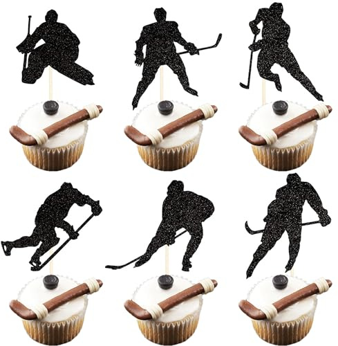 SYKYCTCY 24 Pack Hockey Cupcake Toppers Glitter Hockey Player Cupcake Topper Picks for Boys Ice Hockey Birthday Party Supplies Sport Themed Cake Decorations Black