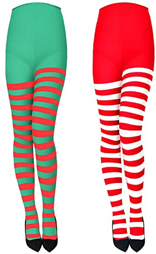 XNHIU 2 pares de medias a rayas con pies completos, medias altas hasta el muslo para disfraz de fiesta, rojo, verde, blanco, talla única