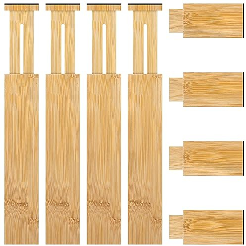 4 Pack Bamboo Kitchen Drawer Dividers with Inserts 2.6 High, Adjustable from 12.5 Inch to 21.7 Inch Drawer Organizers, Expandable Drawer Separators for Clothes, Bedroom, Dresser, Office (Beige)