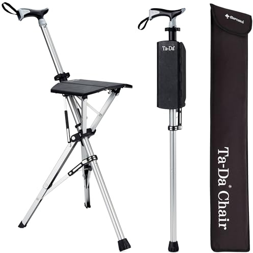 STEP2GOLD TA-Da Chair - Gehstock mit Sitz, ultraleichter Aluminiumrahmen & robuster Klapphocker (bis zu 110 kg), zusammenklappbares Design, ideal für Reisen & Sightseeing- schwarz, 85 cm