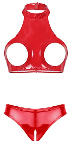 Yeahdor Femme Sexy Ensemble Lingerie Nuit Redresse-Sein Bra Sein Nu & String Biefs Ouvert Maillot de Bain Érotique Vêtement de Nuit Pyjama Tenue Sexuel Sleepwear S-5XL O Rouge XL