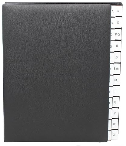 Pultordner mit Register A-Z, genarbtes Vollrindleder in Schwarz, passend für DIN A4, Softcover mit dehnbarem Rücken, Register-Trennblätter aus schwarzer Kartonage mit Sichtlöchern