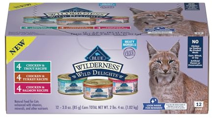 Blue Buffalo Wilderness Wild Delights High Protein Grain Free, Natural Adult Meaty Morsels Wet Cat Food, Chicken & Turkey, Chicken & Trout, Chicken & Salmon 3-oz cans (12 Count - 4 of Each Flavor)