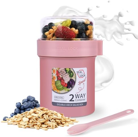 HOTUT Taza de Cereales para Llevar, 560 ml + 230 ml Contenedor De Avena Durante La Noche,Vaso Cereales Con Tapa Y Cuchara,Sin BPA,Compartimentos Separados,Vaso Desayuno To Go (Rose)
