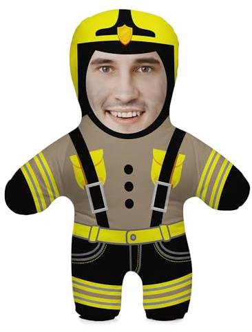 Personlig rolig fotopresentkudde med fyllning; färgglad kropp med din egen ansiktsbild tryckt; 45 cm hög; födelsedagspresent alla hjärtans dag; motiv brandman [091]