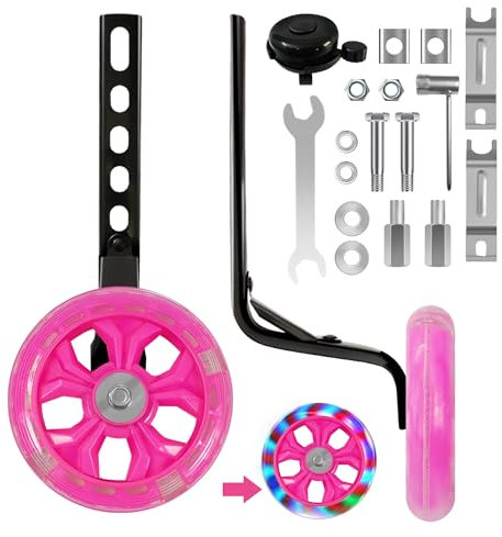 CycForge Bike Stabilisers for childs Bikes - with Noiseless Pink Flash Wheels - Compatible with 12 14 16 18 20 Inch Kids' Variable Bicycles & Single-Speed Bikes.