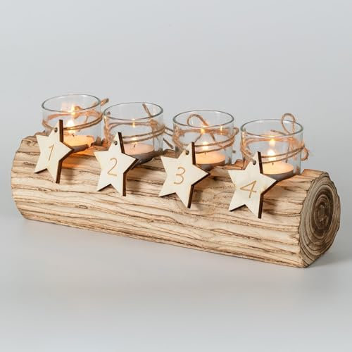 Romadedi Adventskranz Holz Länglich Kerzenhalter：mit 4 Glas Kerzenständer Adventszahlen für 4 Kerzen Modern Adventskerzenhalter für Adventsgesteck Weihnachten Wohnzimmer Deko Adventsdeko, 38cm Lang