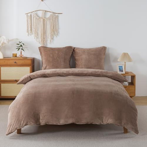 RongRongIN Ropa de cama mullida de 240 x 220 cm, color marrón café, otoño e invierno, funda nórdica de franela con 2 fundas de almohada de 80 x 80 cm, franela cálida, suave, tacto de cachemira, con