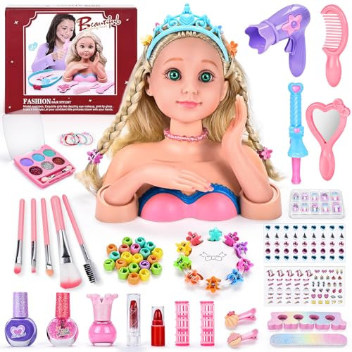 BuzzoXerex Poupée de Tête de Coiffure pour Enfants,Tête de Poupée de Maquillage pour Fille, 60 Pièces Ensemble de Coiffure Jouet Modèle Accessoires avec Autocollant pour Ongles et Rouge à Lèvres