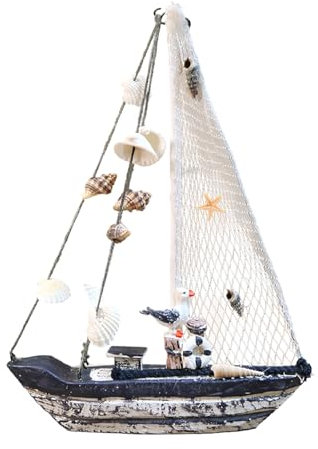 Ragyzity Sailboat Decor Wooden Boat Maritime Little Boats Ornaments, Wooden Sailboat Ornament with Seagull Seashell Sailboat Model Beach Nautical Decoration for Home Office Desktop Decoration
