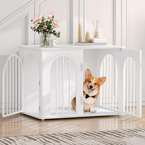 Hzuaneri 80cm Cage pour Chiens, Table d'Appoint, Niche Moderne pour Chiens Intérieur, Cage pour Chiots, Maisonnette pour Animaux, 3 Portes, Porte arquée, 80 x 56 x 61 cm, Blanc