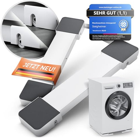 STEIGHEIMER Waschmaschinen-Untergestell mit Heberollen statt Bremsrollen & Griffen |Podest, Sockel | schleuderstabil & geräuschdämpfend Inkl. Antivibrationsmatte| für Waschturm (für 33–53 cm Fußtiefe)