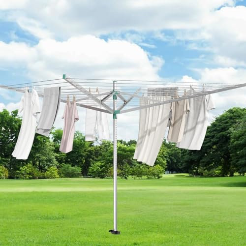 Innotic 56m Rotary Washing Line, 4-Arm Heavy Duty Foldable Clothes Airer, Large Rotating Dryer with Ground Spike & Cover for Garden, Outdoor Use - White​
