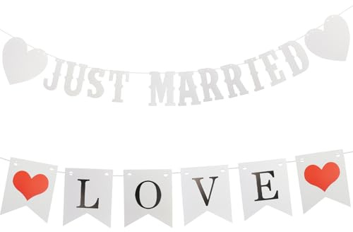 1 Pièce Bannières Just Married avec Guirlande Love 5 m de Corde,Décoration de Mariage Rétro et Rustique,Banderole Vive Les Mariés,Décoration à Suspendre,pour Photographie