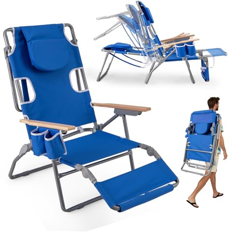 KOMFOTTEU Silla de Playa Reclinable con Agujero para Cara, Tumbona Plegable con Respaldo Ajustable de 4 Posiciones y Reposapiés de 2 Posiciones, Tumbona Jardín Exterior Baño de Sol (Azul)