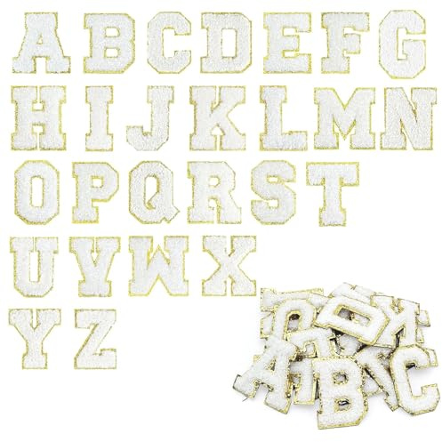 ATTEEFI Pegatinas Letras Adhesivas A-Z, 26 Piezas Parches Bordados Personalizados, Blanco Letras Adhesivas para Tela con Borde Dorado, Suave, para Bolsos, Sombreros