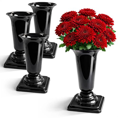 com-four® 4 jarrones funerarios Negros 26,5 cm – florero con Base para Tumba – Recipiente Resistente al Clima para Flores y arreglos – plástico para jardín o balcón (27cm - 04 Piezas)