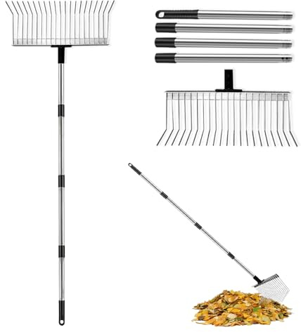 BUERPINKING Rastrillo para Jardín, Rastrillo Jardin Metal con Acero Inoxidable 160 cm, Rastrillo de Deshierbe Rastrillo 21 Dientes, Cabezal Pequeño de 40 cm, Rastrillo para Jardín, Césped, Arbusto