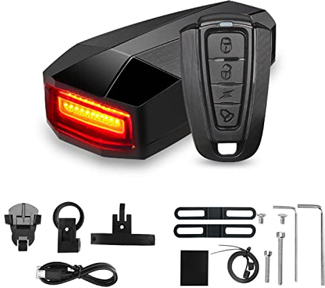 WASAGA Luz Trasera de Bicicleta con Control Remoto para Alarma, Timbre de Bicicleta y luz Trasera COB, Luz Trasera antirrobo Recargable Impermeable, Correa de Silicona para Bicicleta