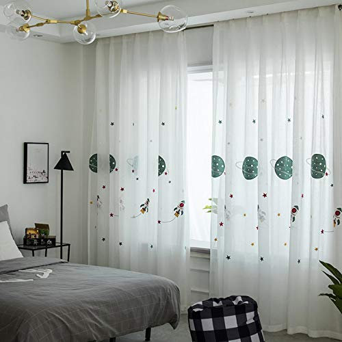 Lactraum Vorhang Kinderzimmer Junge Transparent Weiß mit Ösen Bestickt Planet Sterne Raumschiff Voile 145 x 245cm