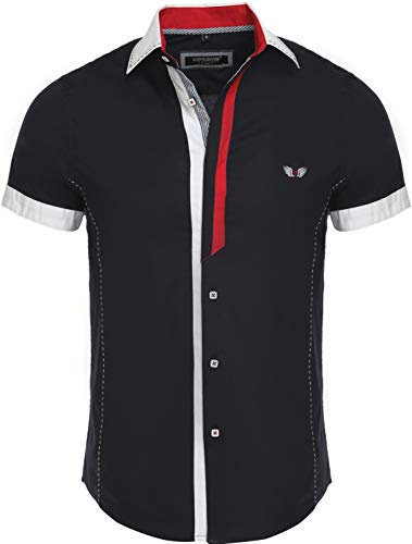 Carisma Camicia casual da uomo, a maniche corte, per il tempo libero/business, a contrasto, slim fit, con colletto Kent 9007, Nero , XL