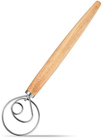 PIQIUQIU Danish Dough Whisk Schneebesen aus Edelstahl mit Holzgriff, hochwertiger Rührstab und Rührstab für Gebäck, Pizza