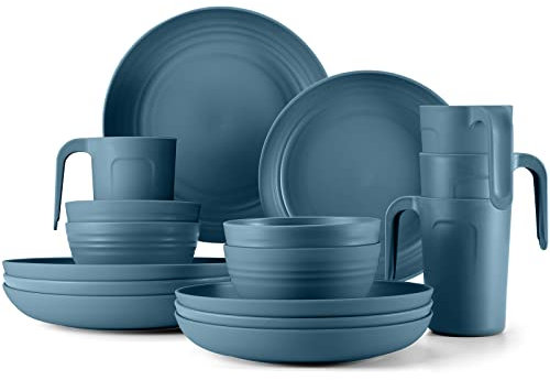 Odoland Kit de Vaisselle Camping 16Pcs, Kit Camping Couvert pour 4 Personnes, Set de Couverts Pique-Nique avec Assiettes Bols Tasses etc. pour Camping, Cuisine, Randonnée, Pique-Nique, Bleu