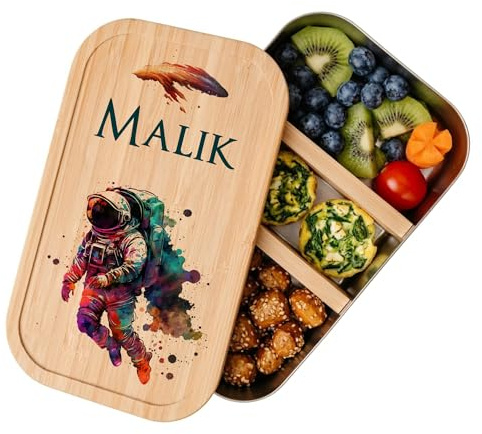 Manufaktur Liebevoll - Personalisierte Brotdose mit Fächern, Edelstahl Lunchbox mit Bambus Deckel u. Trenner, Nachhaltige Brotbüchse | Mädchen, Jungen (Motiv Astronaut, Weißblech | Größe S)