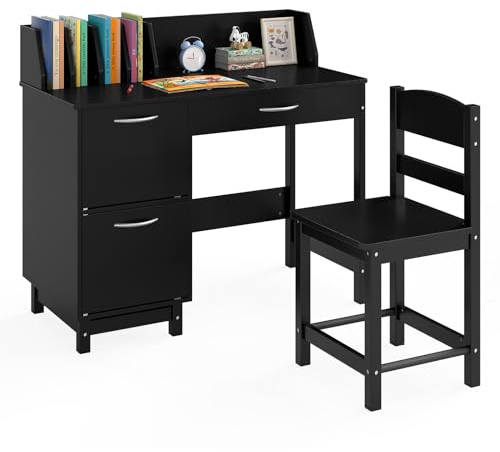 COSTWAY Kids Desk and Chair Set, Wooden Student Study Table with Drawer, Storage Cabinets & Tabletop Bookshelf, Children Writing Table Chair Set for 3-8 Years Old Boys & Girls (Black)