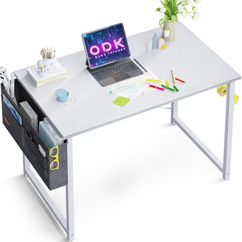 ODK Kleiner Schreibtisch, 80×40cm Computertisch Bürotisch Mit Kopfhörer Halter, Schreibtisch Klein Weiß Arbeitszimmer Holz PC Tisch Officetisch Für Home, Office