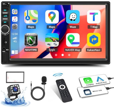 CAMECHO 2 Din CarPlay Autoradio mit CarPlay Android Auto, 7 Zoll Bildschirm Autoradio mit Bluetooth Mirror Link GPS SWC FM AUX USB Mirror Link+ Rückfahrkamera+ MIC