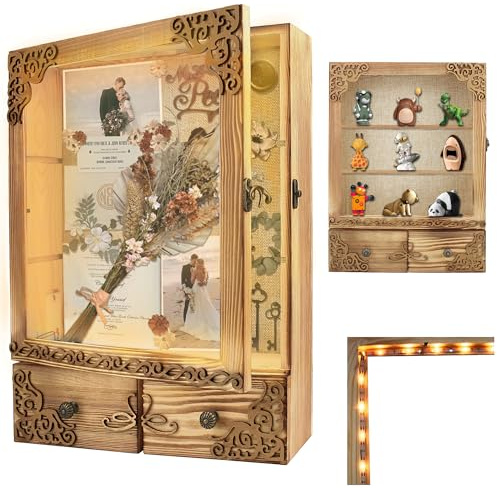 KWYADLUO Marco de caja de sombra de 11 x 16 pulgadas, caja de sombra grande con luz y cajón, caja de sombra profunda con estantes y ranura, caja de madera acrílica de carga superior, caja de sombra de