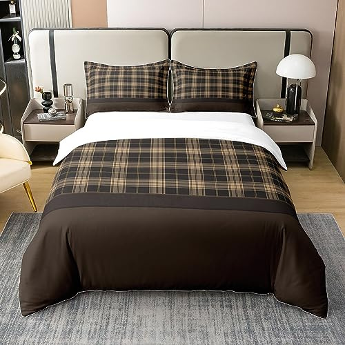 Homewish Housse de Couette Vintage Coton,Literie Rustique pour Garçon et Fille,Housse de Couette Confortable À Carreaux de Ferme pour Chalet,Ensemble de Lit À Carreaux Géométriques 200x200,Marron