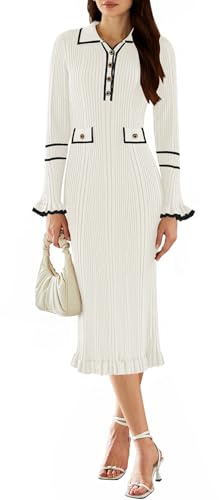 Pink Queen Women's V Neck Bodycon Sweater Dress 2025 Long Sleeve Half Button Slim Fitted Ruffle Ribbed Knit Maxi Pencil Dress Empire Waist Elegant Outfits White M