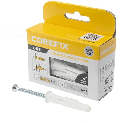 Corefix ONE Universal Drywall Anchors & Screws Pack of 8, Heavy Duty (220lbs in Concrete) Wall Anchor Suitable or All Wall Types. Perfect for Mounting Shelves, Hanging TV's and Securing Cabinets